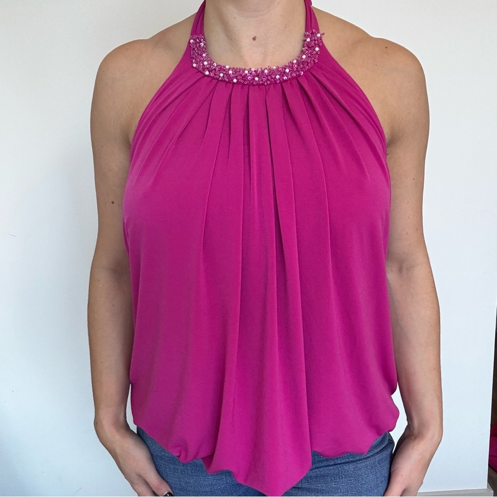 Allen B Hot Pink Halter Beaded Top